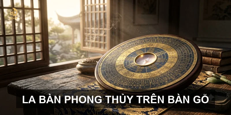 La bàn phong thủy trên bàn gỗ