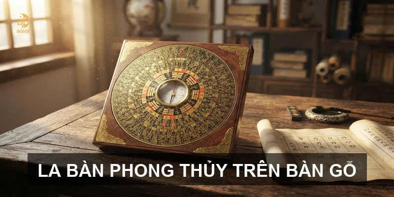 La bàn phong thủy trên bàn gỗ