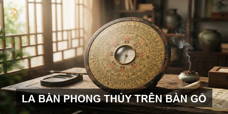 La bàn phong thủy trên bàn gỗ