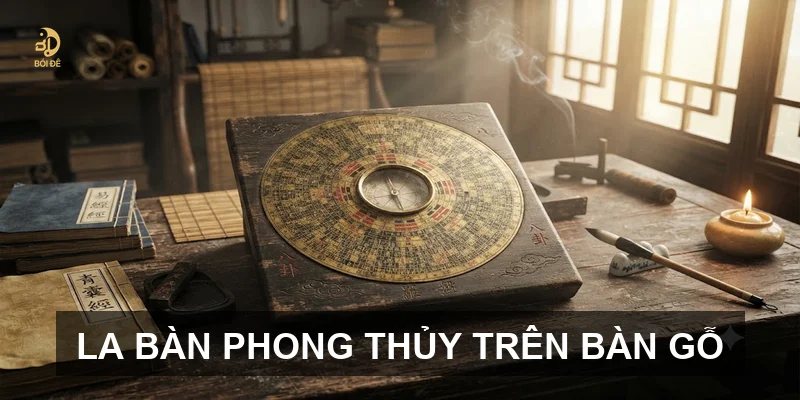 La bàn phong thủy trên bàn gỗ