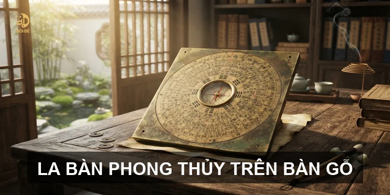 La bàn phong thủy trên bàn gỗ