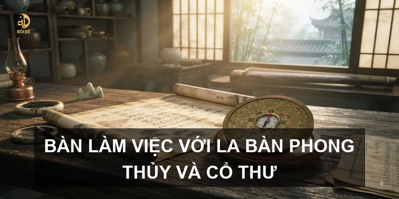 Bàn làm việc với la bàn phong thủy và cổ thư