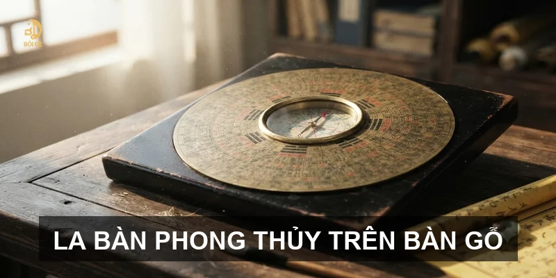 La bàn phong thủy trên bàn gỗ