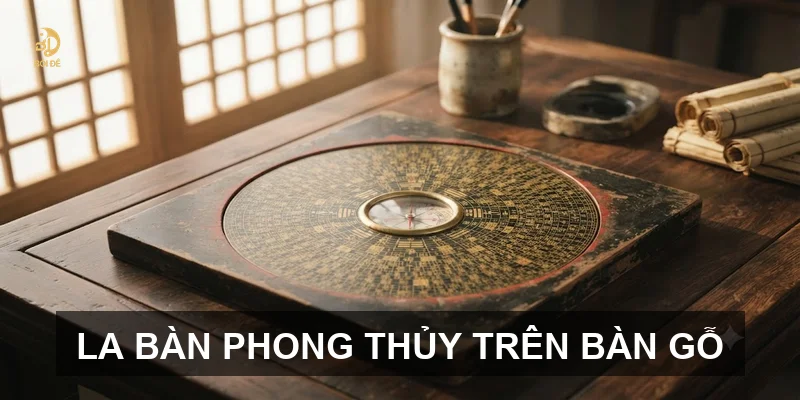 La bàn phong thủy trên bàn gỗ