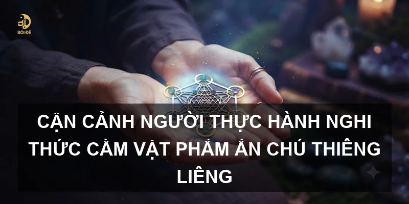 Cận cảnh người thực hành nghi thức cầm vật phẩm ấn chú thiêng liêng