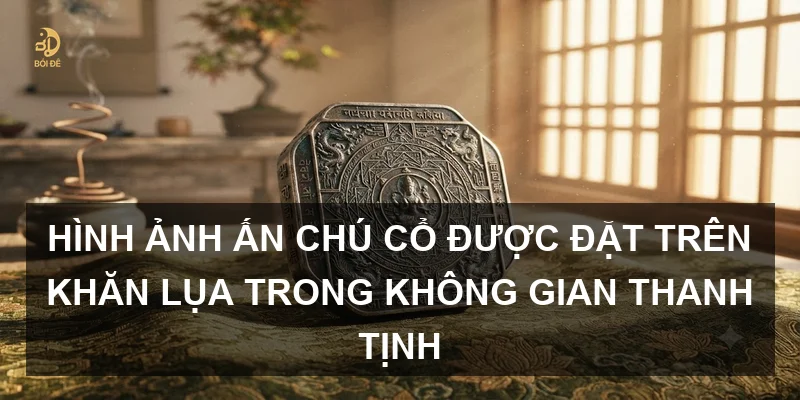 Hình ảnh Ấn chú cổ được đặt trên khăn lụa trong không gian thanh tịnh