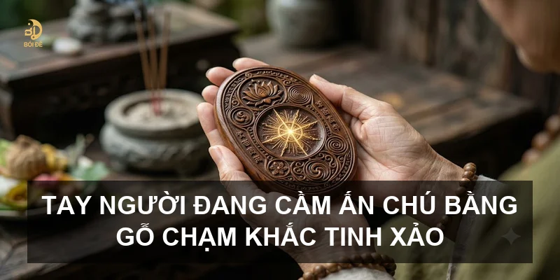 Tay người đang cầm ấn chú bằng gỗ chạm khắc tinh xảo
