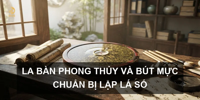 La bàn phong thủy và bút mực chuẩn bị lập lá số