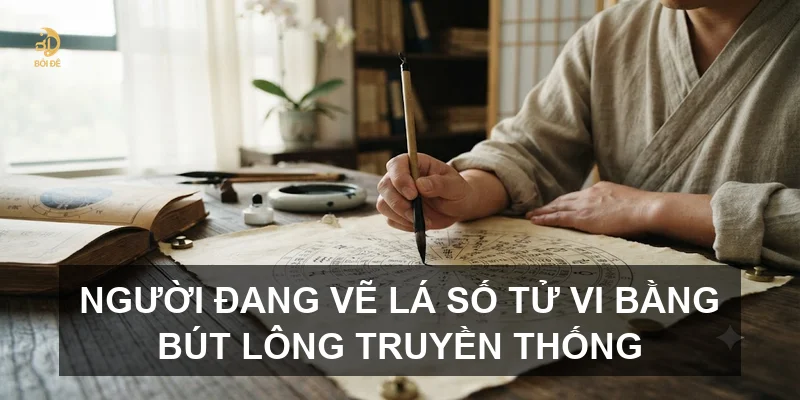 Người đang vẽ lá số tử vi bằng bút lông truyền thống