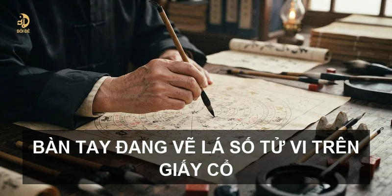 Bàn tay đang vẽ lá số Tử vi trên giấy cổ