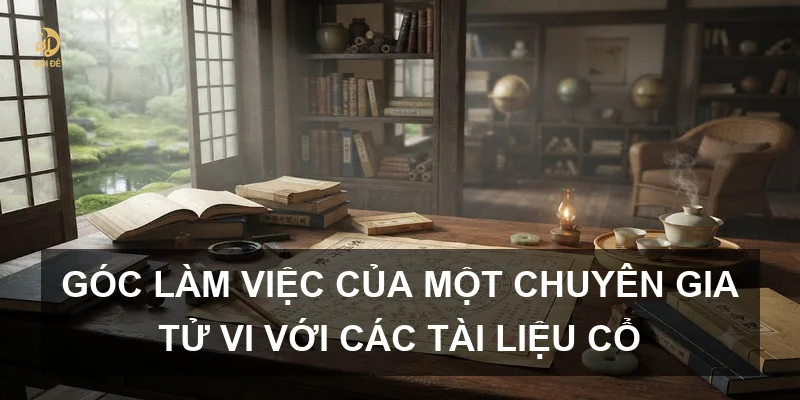 Góc làm việc của một chuyên gia tử vi với các tài liệu cổ