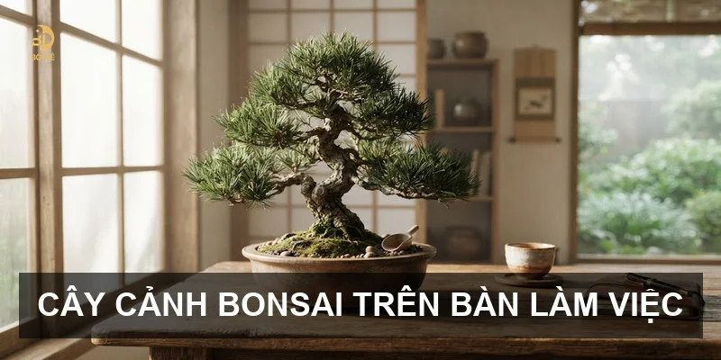 Cây cảnh bonsai trên bàn làm việc