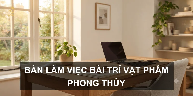 Bàn làm việc bài trí vật phẩm phong thủy