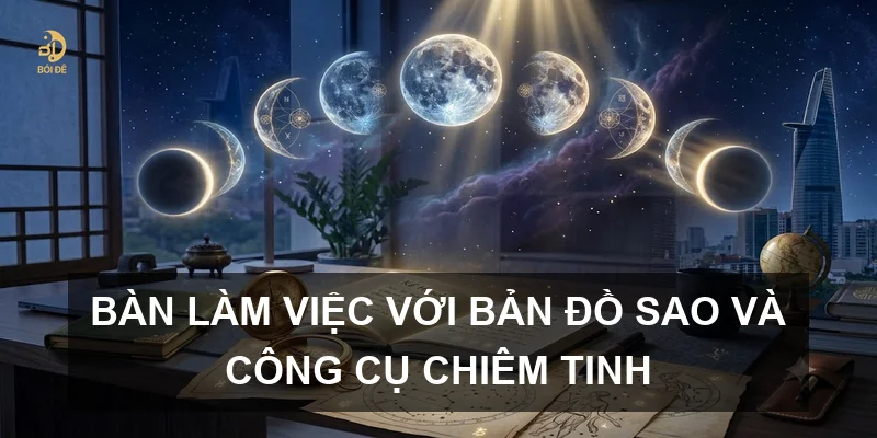Bàn làm việc với bản đồ sao và công cụ chiêm tinh