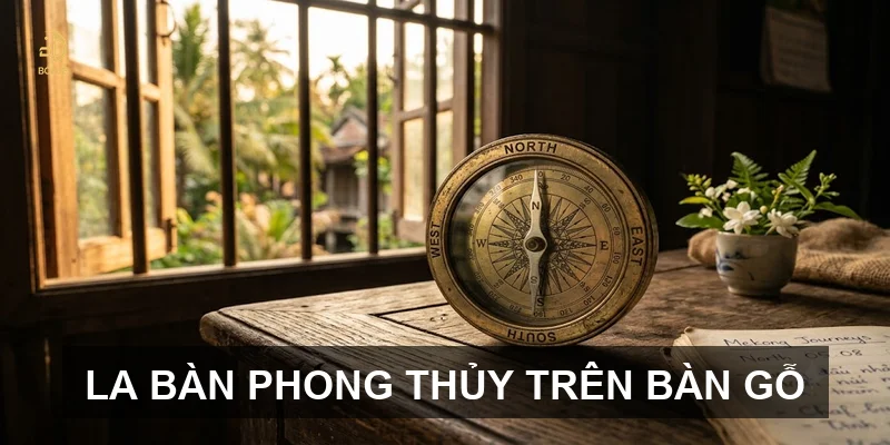 La bàn phong thủy trên bàn gỗ