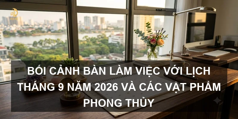 Bối cảnh bàn làm việc với lịch tháng 9 năm 2026 và các vật phẩm phong thủy