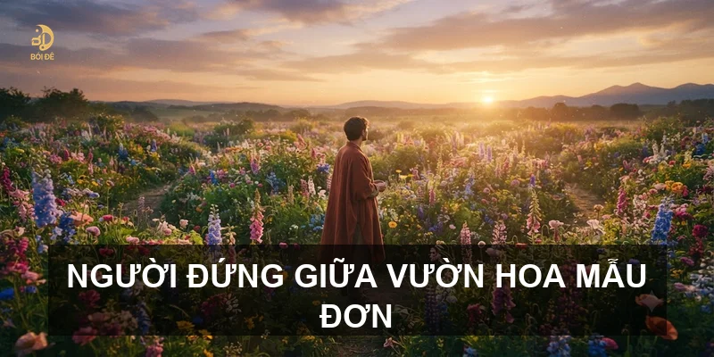 Người đứng giữa vườn hoa mẫu đơn