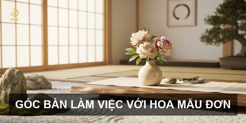 Góc bàn làm việc với hoa mẫu đơn