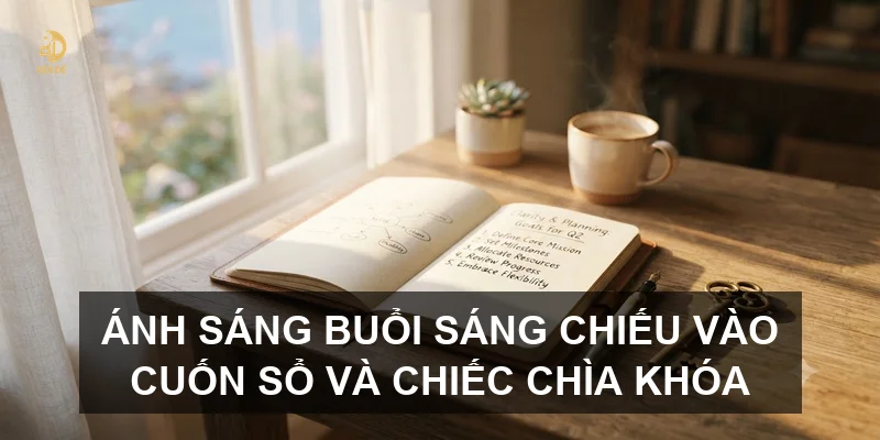 Ánh sáng buổi sáng chiếu vào cuốn sổ và chiếc chìa khóa