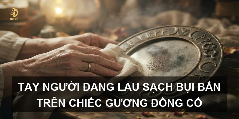 Tay người đang lau sạch bụi bẩn trên chiếc gương đồng cổ