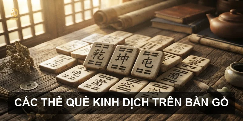 Các thẻ quẻ Kinh Dịch trên bàn gỗ
