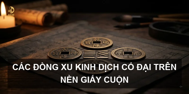 Các đồng xu Kinh Dịch cổ đại trên nền giấy cuộn