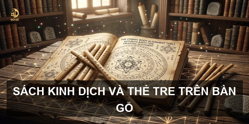 Sách Kinh Dịch và thẻ tre trên bàn gỗ