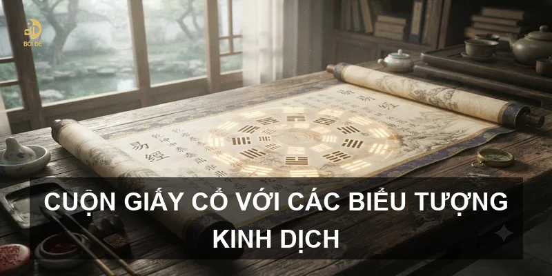Cuộn giấy cổ với các biểu tượng Kinh Dịch