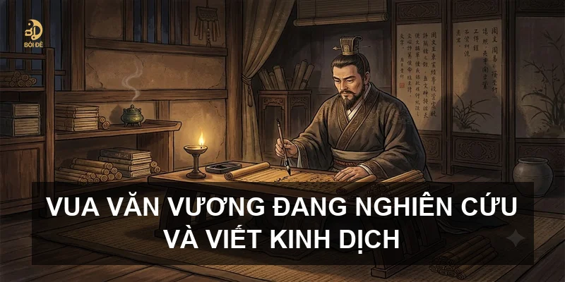 Vua Văn Vương đang nghiên cứu và viết Kinh Dịch