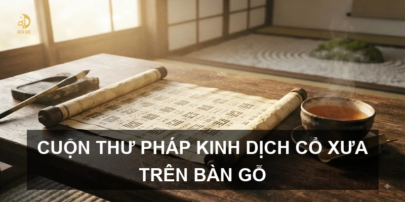 Cuộn thư pháp Kinh Dịch cổ xưa trên bàn gỗ
