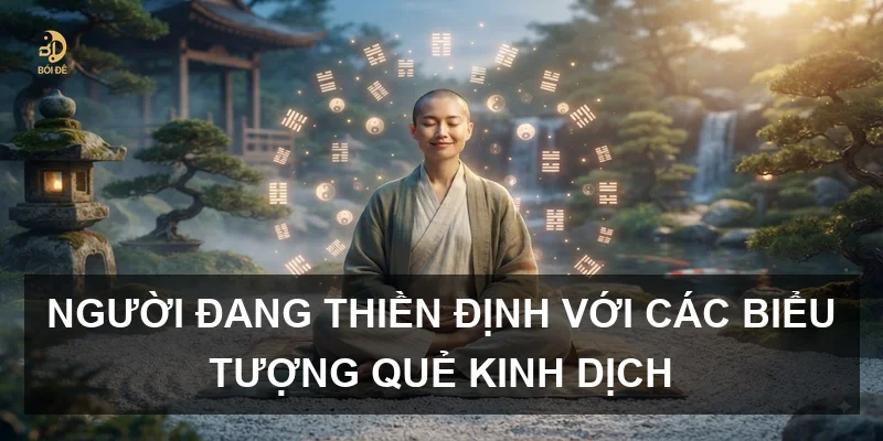 Người đang thiền định với các biểu tượng quẻ Kinh Dịch