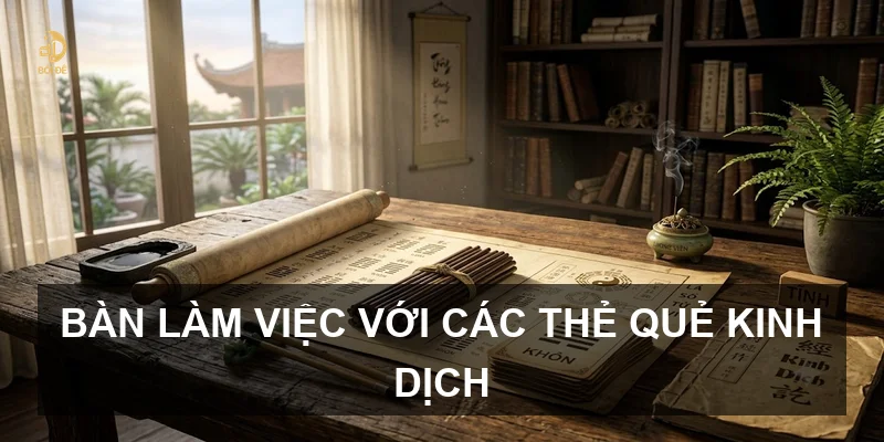 Bàn làm việc với các thẻ quẻ Kinh Dịch