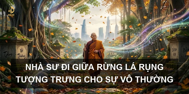 Nhà sư đi giữa rừng lá rụng tượng trưng cho sự vô thường