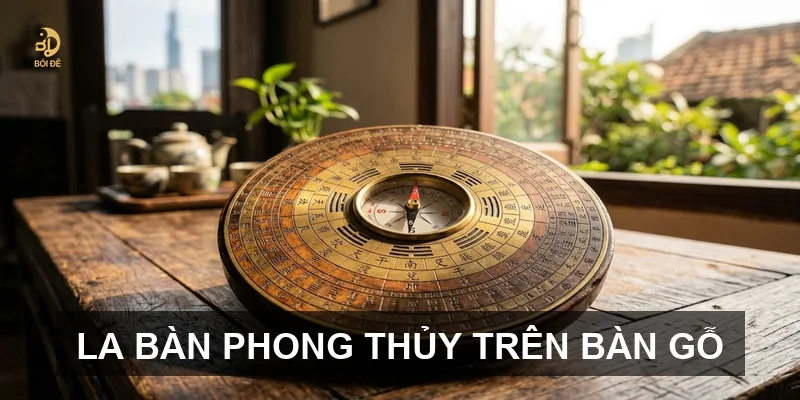 La bàn phong thủy trên bàn gỗ