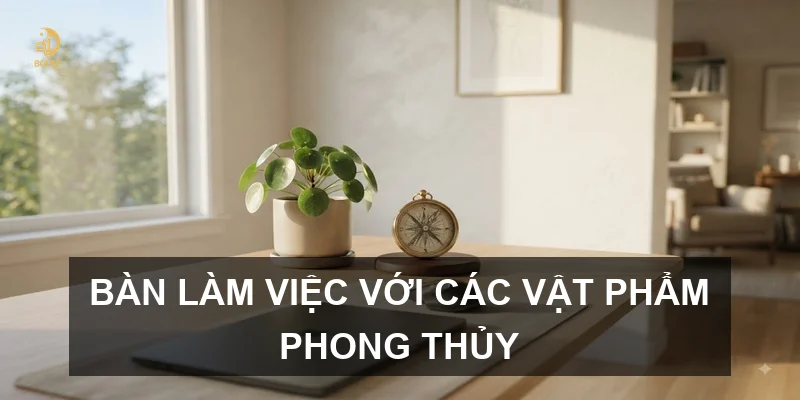 Bàn làm việc với các vật phẩm phong thủy