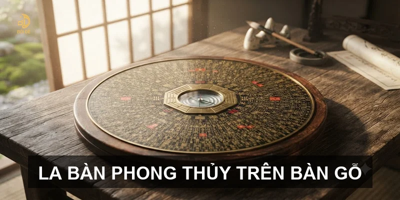 La bàn phong thủy trên bàn gỗ