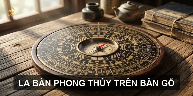 La bàn phong thủy trên bàn gỗ