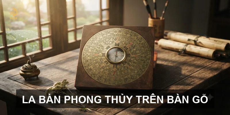 La bàn phong thủy trên bàn gỗ