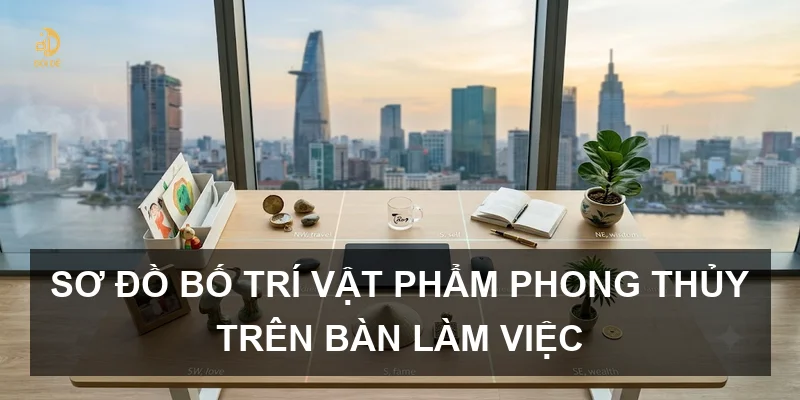 Sơ đồ bố trí vật phẩm phong thủy trên bàn làm việc