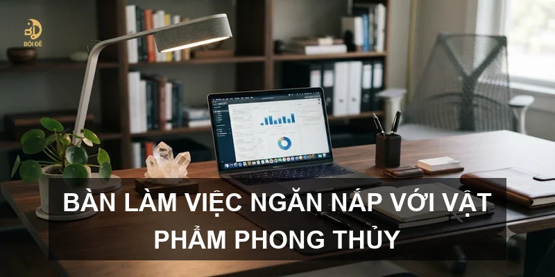 Bàn làm việc ngăn nắp với vật phẩm phong thủy