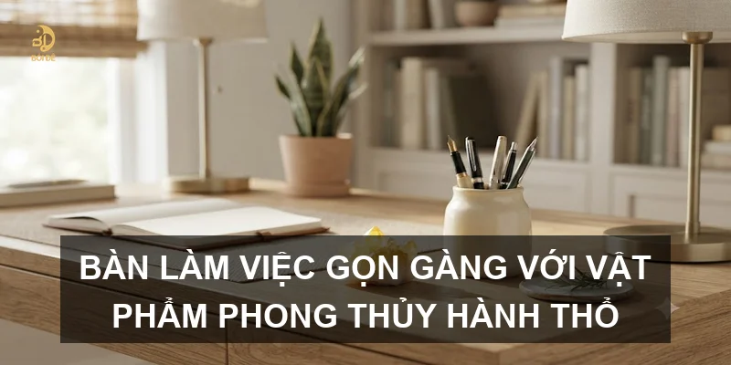 Bàn làm việc gọn gàng với vật phẩm phong thủy hành Thổ