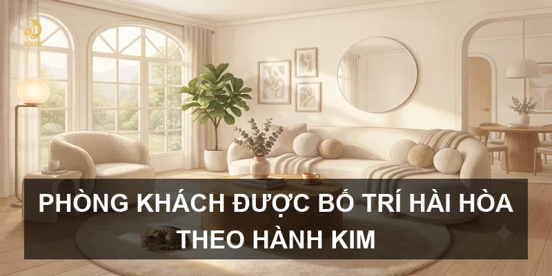 Phòng khách được bố trí hài hòa theo hành Kim