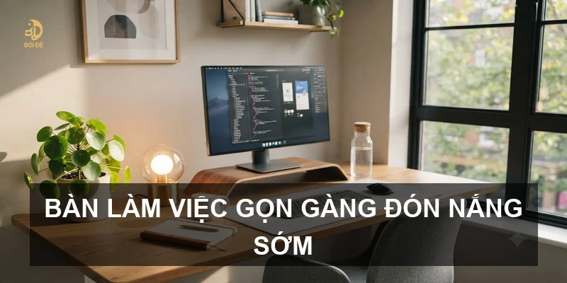Bàn làm việc gọn gàng đón nắng sớm
