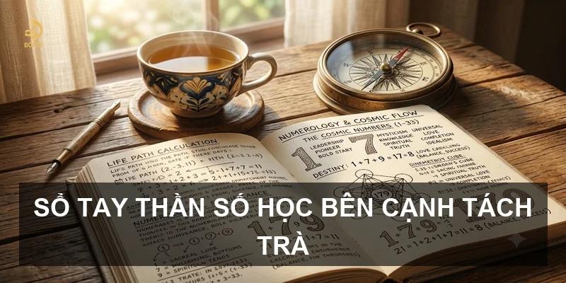 Sổ tay thần số học bên cạnh tách trà