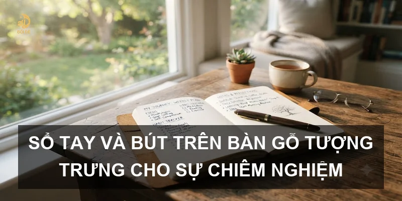 Sổ tay và bút trên bàn gỗ tượng trưng cho sự chiêm nghiệm
