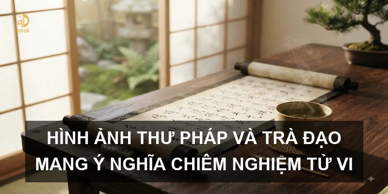 Hình ảnh thư pháp và trà đạo mang ý nghĩa chiêm nghiệm tử vi