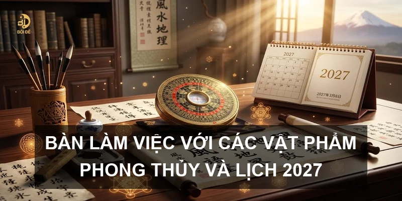 Bàn làm việc với các vật phẩm phong thủy và lịch 2027