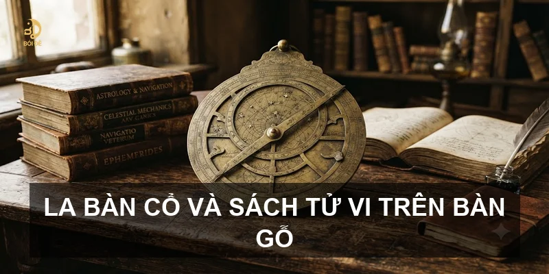 La bàn cổ và sách tử vi trên bàn gỗ